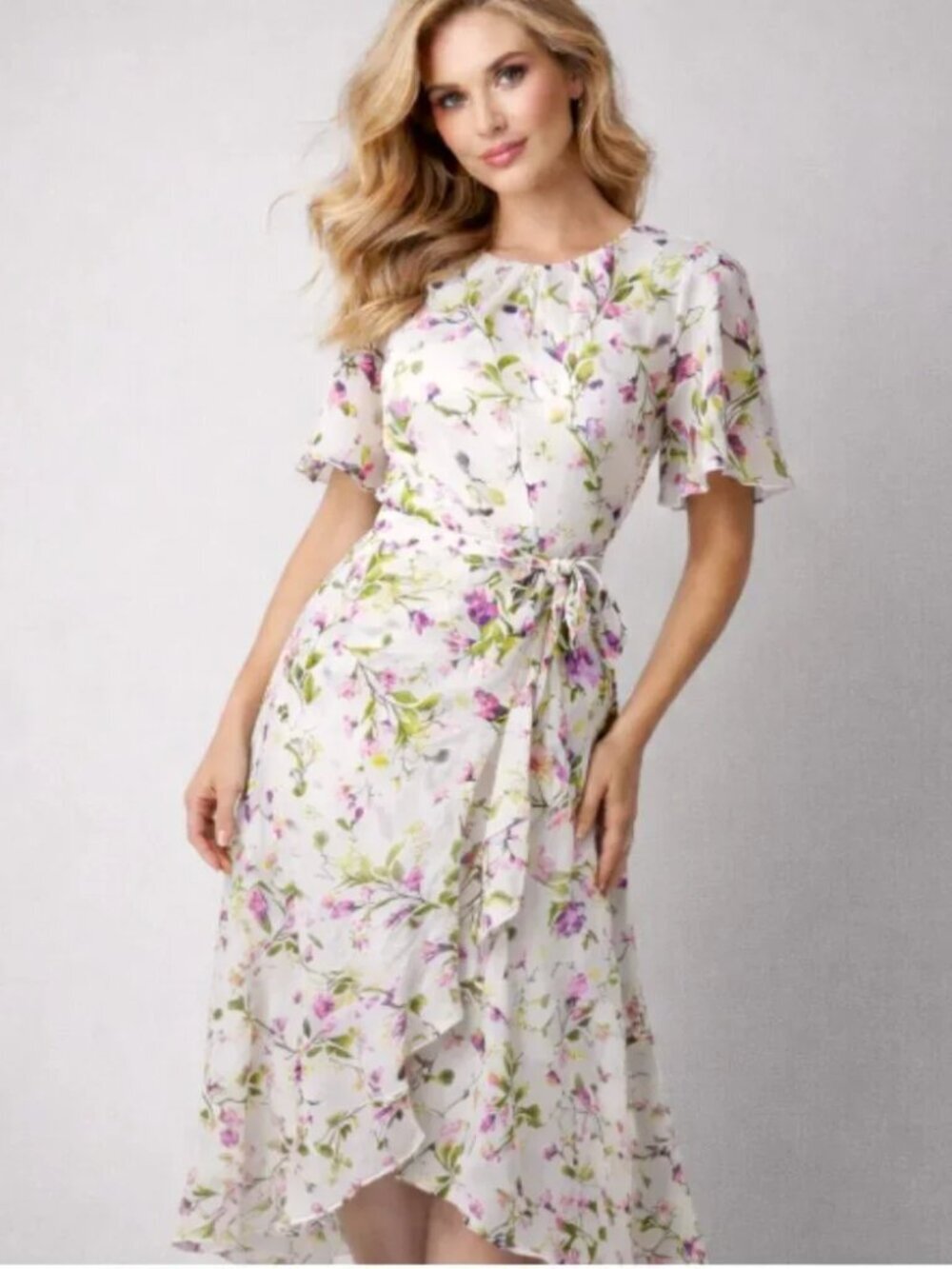 JH Jessica Howard Floral Ruffle High Low Flowy Pleated Dress Romantic Size 12